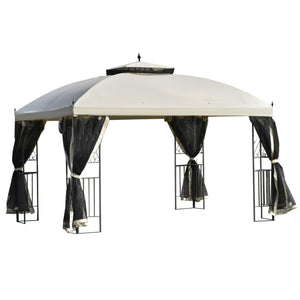 Gazebo 10 x 12 avec toit à double pente, parois latérales amovibles en filet et étagères triangulaires, beige