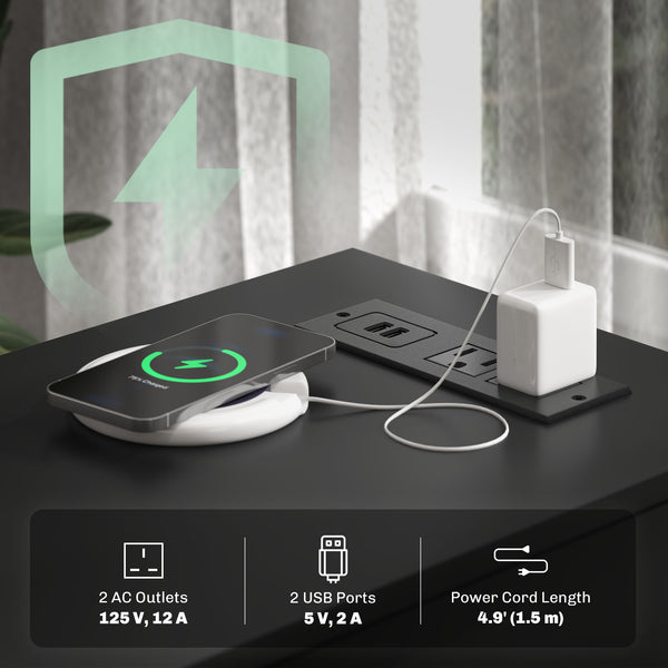 Table d'appoint étroite avec station de charge avec étagère de rangement et tiroirs pour salon, noire