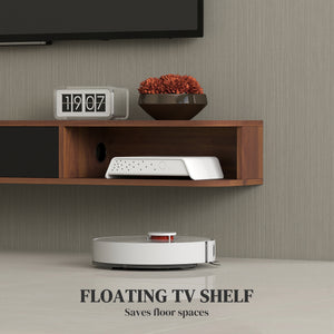 71" Floating Wall Mounted TV Stand with Drop-Down Drawer and 2 Open Shelves, Walnut