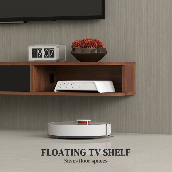 71" Floating Wall Mounted TV Stand with Drop-Down Drawer and 2 Open Shelves, Walnut
