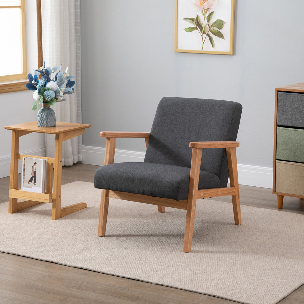 Fauteuil d'appoint mid century en tissu avec accoudoirs en bois, gris