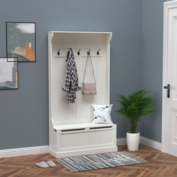 Vestiaire d’entrée 3 en 1 avec banc de rangement et 5 crochets doubles – Blanc crème