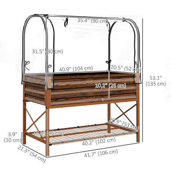 Jardinière surélevée avec couvercle, étagère inférieure et doublure, effet bois brun foncé