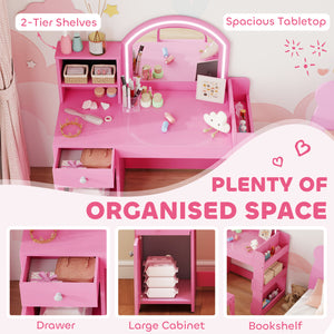 Ensemble coiffeuse et chaise avec miroir éclairé, armoire, tiroir et étagères, rose