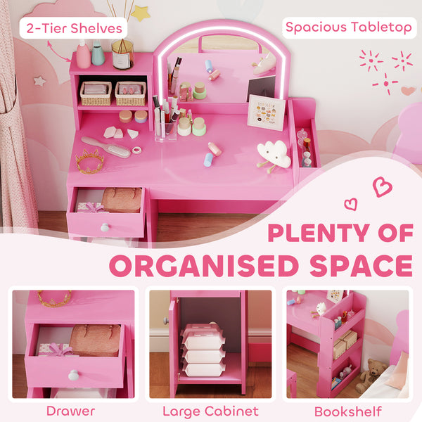 Ensemble coiffeuse et chaise avec miroir éclairé, armoire, tiroir et étagères, rose