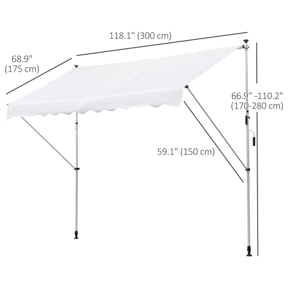 10x5ft Manual Retractable Awning, Patio Sun Shade Canopy Shelter with 5.6-9.2ft Support Pole, Water Resistant UV Protector, for Window, Door, Porch, Deck, White