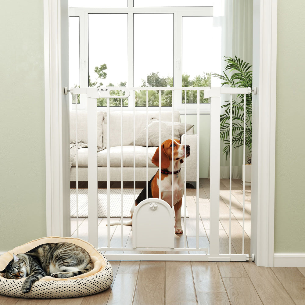 Barrière de sécurité pour chien de 89 cm de hauteur, fixation par pression pour escalier, blanche