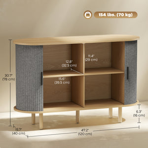 Sideboard with fluted tambour sliding doors with shelves and wooden legs, grey