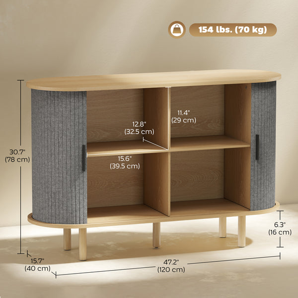 Sideboard with fluted tambour sliding doors with shelves and wooden legs, grey
