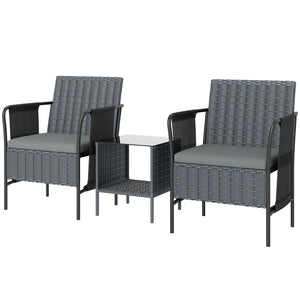 Ensemble de mobilier de jardin 3 pièces en résine tressée, poches latérales, assise en filet, table en verre à 2 niveaux, coussins, gris