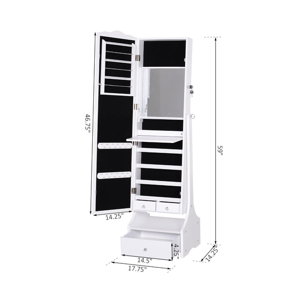 Armoire à bijoux sur pied avec éclairage LED, miroir pleine longueur, angle réglable, blanc
