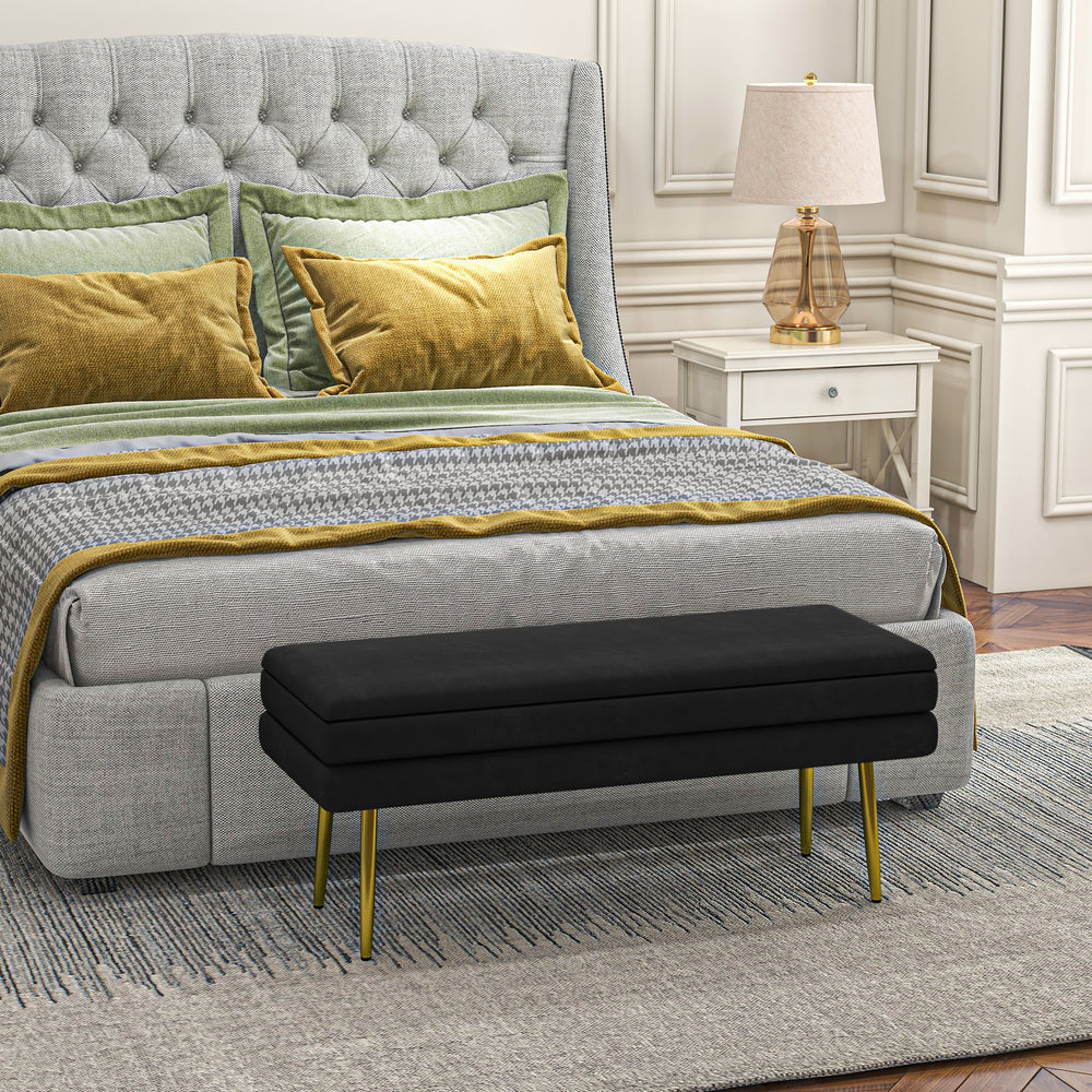 Pouf de rangement en velours avec pieds en acier, noir