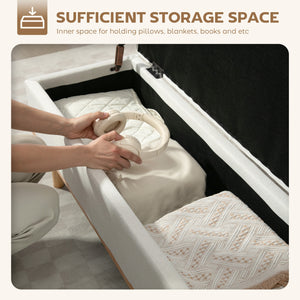 Banc ottoman de rangement avec couvercle relevable et pieds en bois, blanc crème