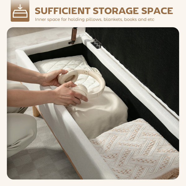 Banc ottoman de rangement avec couvercle relevable et pieds en bois, blanc crème