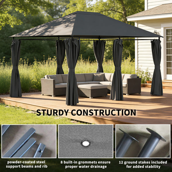 13'x 10' Soft-top Steel Patio Gazebo Canopy Party Tent with 6 Removable Curtains and Drainage Holes, Dark Gray