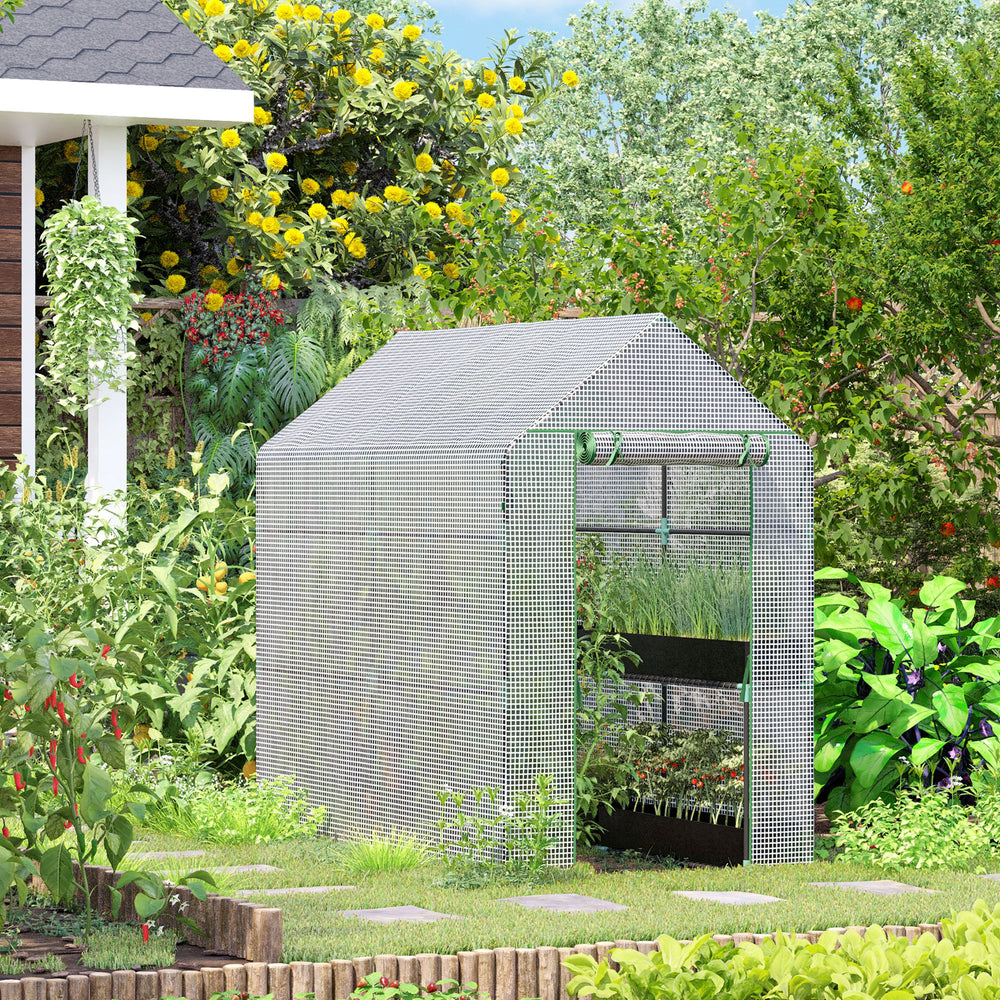 Portable garden greenhouse with roll-up door and 4 shelves, white