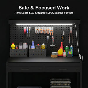 Workbench with LED Light and Power Strip, 43" Heavy Duty Work Table with Pegboard and Drawers for Garage Workshop, Black