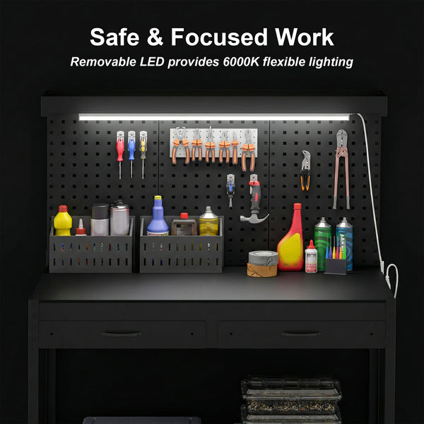 Workbench with LED Light and Power Strip, 43" Heavy Duty Work Table with Pegboard and Drawers for Garage Workshop, Black
