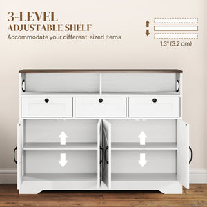 Meuble buffet avec 4 portes, 3 tiroirs avec étagères réglables, blanc