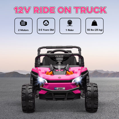 12V Kids Car, Remote Control Truck, Spring Suspension, LED Headlights, 3 Speeds, Pink