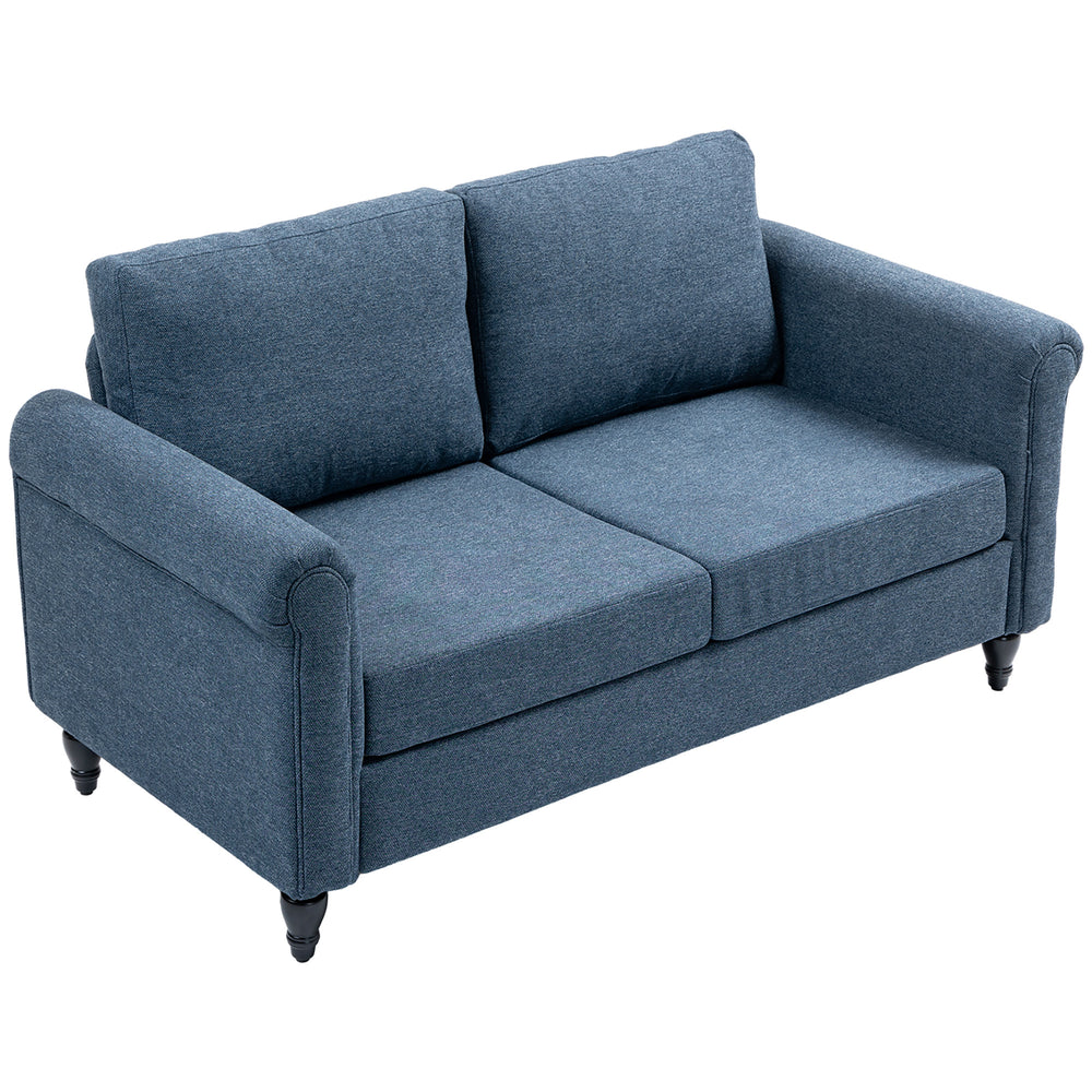 Canapé 2 places vintage bleu foncé rembourré avec accoudoirs roulés et pieds en bois d’hévéa – style classique et confortable pour salon ou bureau