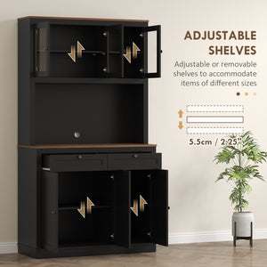 Armoire de rangement avec espace micro-ondes, buffet avec huche, 2 tiroirs, étagères réglables et portes vitrées, noir