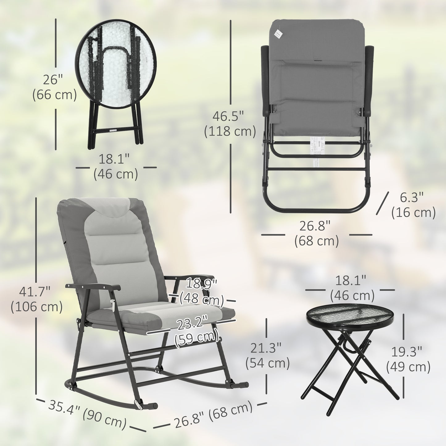Ensemble 3 pièces chaises à bascule pliables d'extérieur Outsunny, gris clair