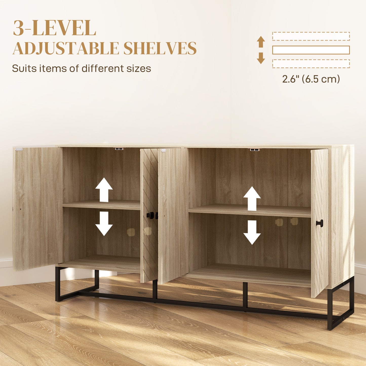 HOMCOM sideboard with 2 adjustable shelves and steel base, TV cabinet, bar cabinet for living room, oak