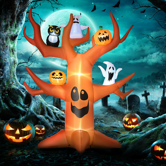 Arbre hanté gonflable d'Halloween de 2,7 m avec citrouilles, fantômes et chat, affichage LED