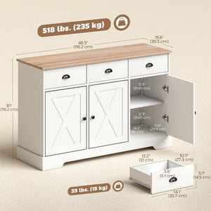 Country-style buffet, with 3 sliding doors and 3 drawers, white, ideal for the living room and kitchen.