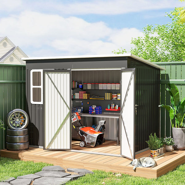 Abri de jardin extérieur en acier galvanisé, avec fenêtre, portes larges verrouillables et aérations, gris foncé