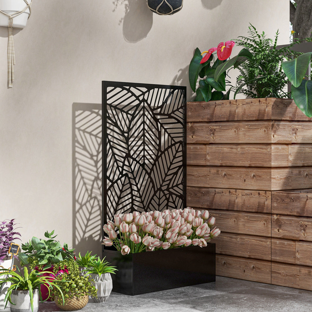 Metal Raised Garden Bed with Privacy Screen and Planter Box, Wall-Mounted or Freestanding, Black