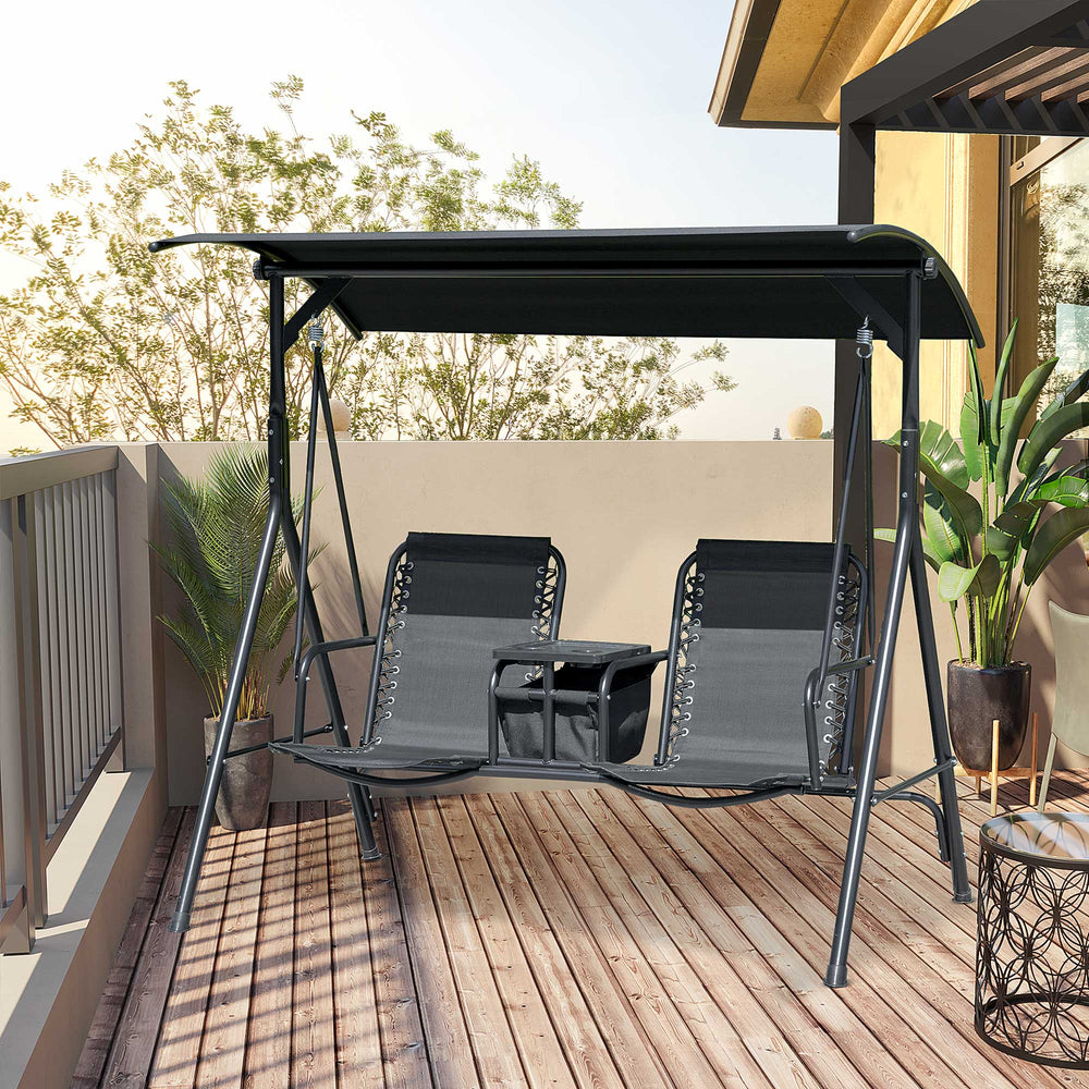 2 Person Covered Porch Swing Patio Swing with Pivot Storage Table, Cup Holder, & Adjustable Overhead Canopy, Black