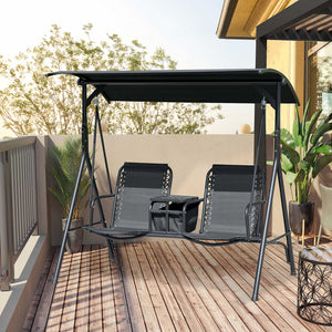 2 Person Covered Porch Swing Patio Swing with Pivot Storage Table, Cup Holder, & Adjustable Overhead Canopy, Black