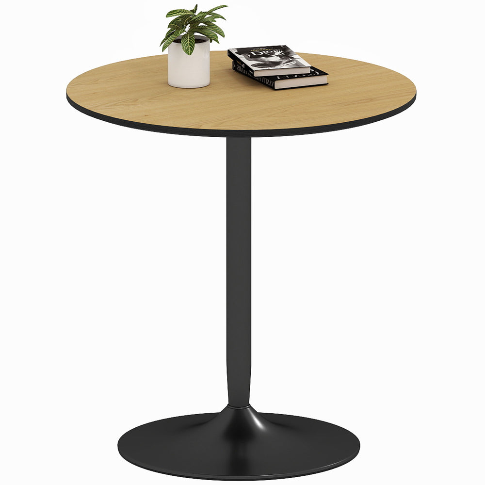 Table de cuisine ronde pour 2 personnes avec placage bois et piètement en acier, couleur naturelle.