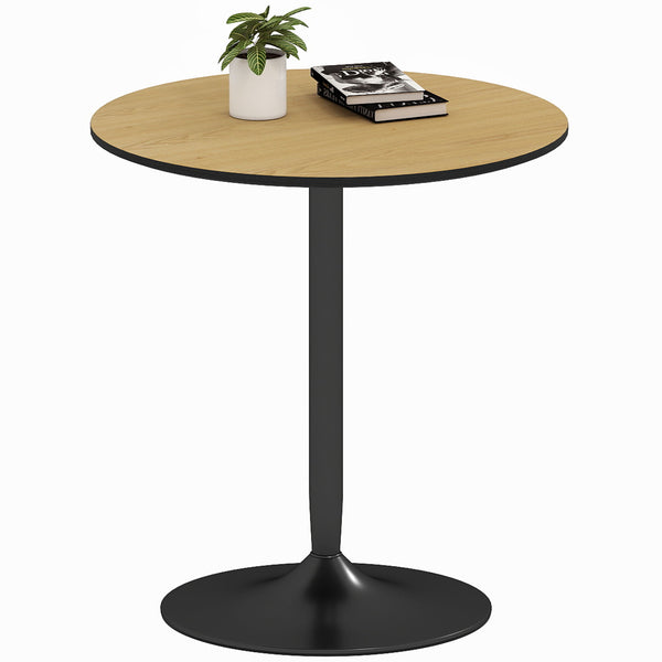Table de cuisine ronde pour 2 personnes avec placage bois et piètement en acier, couleur naturelle.