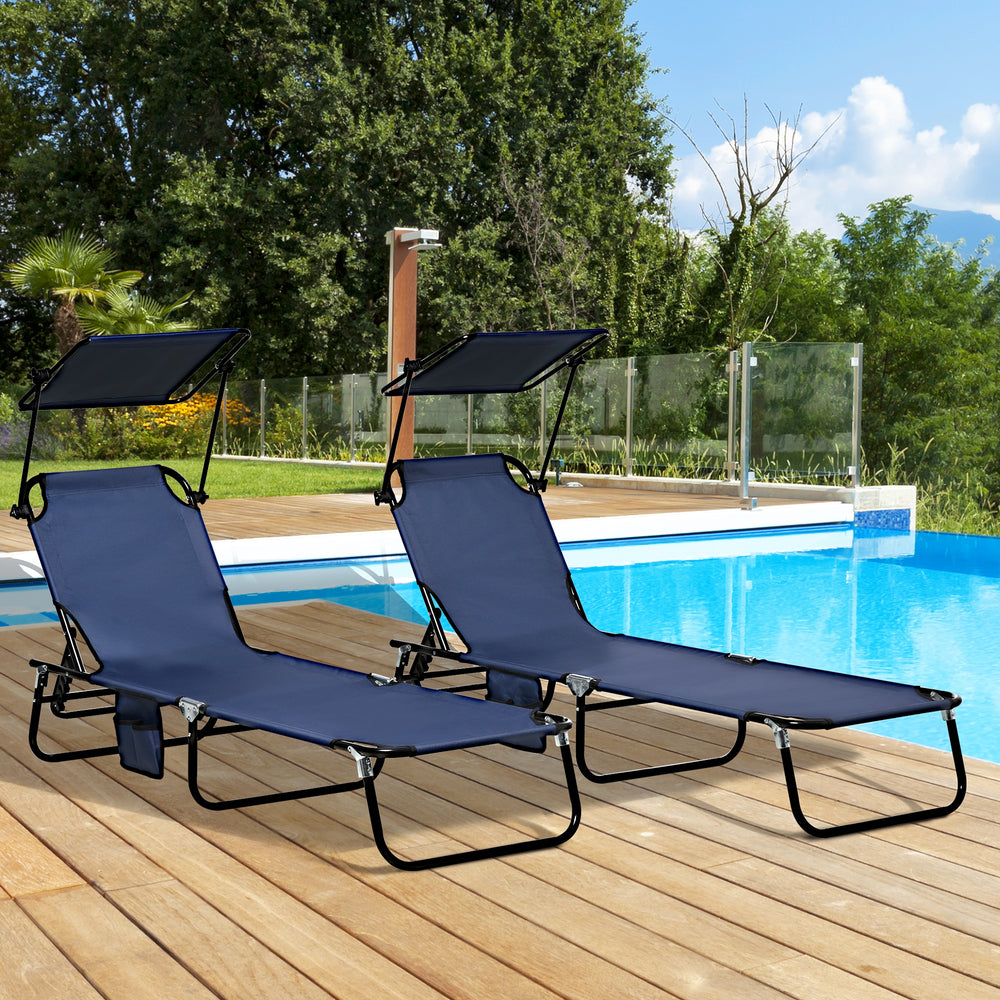 2 Piece Folding Outdoor Chaise Lounges, Pool, Sun, Tanning Chairs with Reclining Back, Sunshade for Beach, Patio, Blue