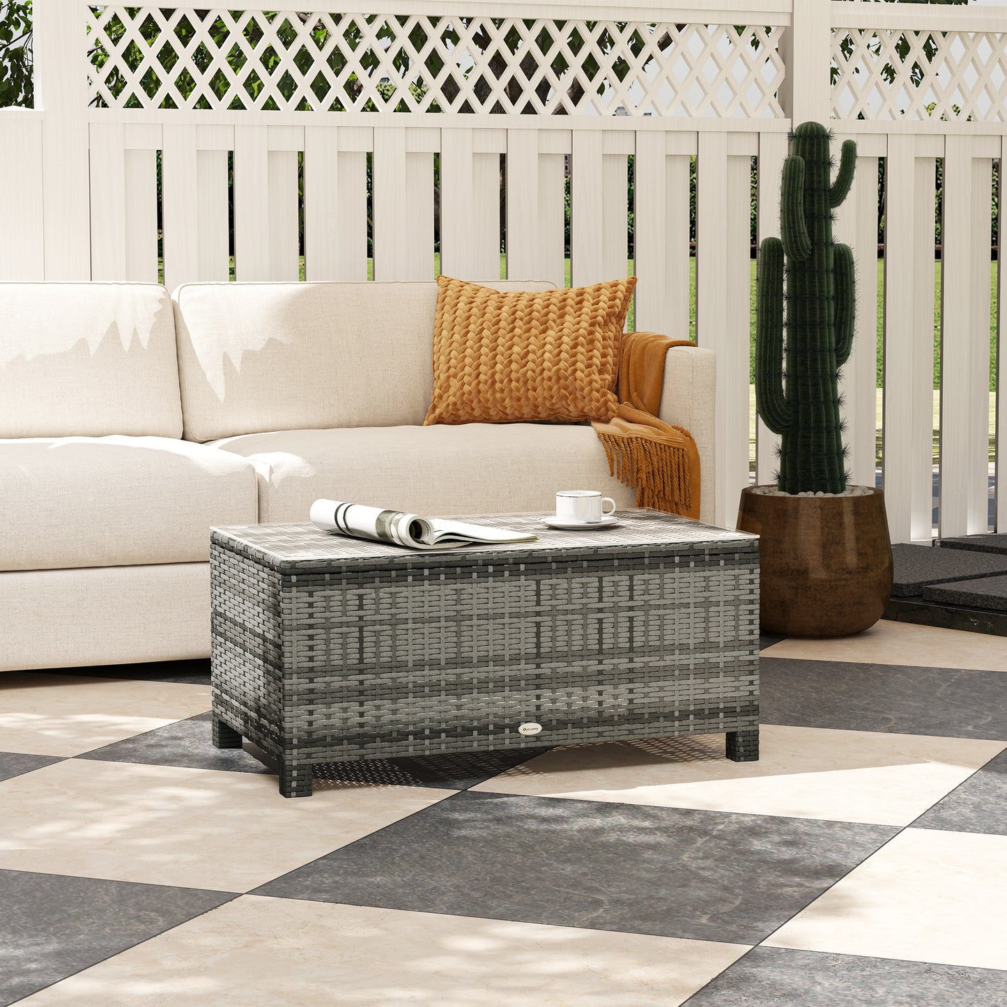 Table basse en rotin et osier avec plateau en verre, mobilier de jardin extérieur, marron trempé
