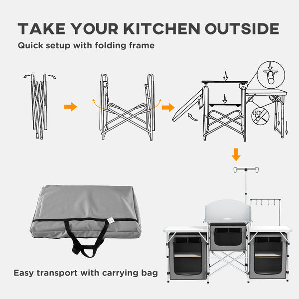 Cuisine de camping en aluminium pliante et portable avec placards en tissu, grise