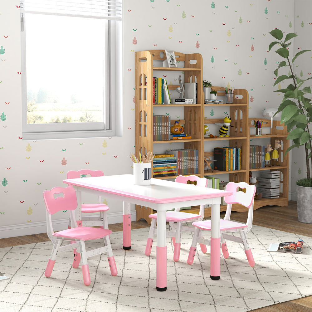 Kids Table and Chair Set (4 Chairs, Adjustable Height, Easy to Clean, Ages 1.5-5), Pink