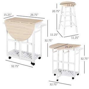 3-piece kitchen trolley including a drop-leaf breakfast table and 2 stools, in wood and white.