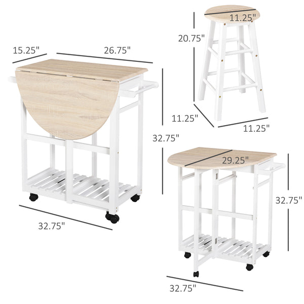 3-piece kitchen trolley including a drop-leaf breakfast table and 2 stools, in wood and white.