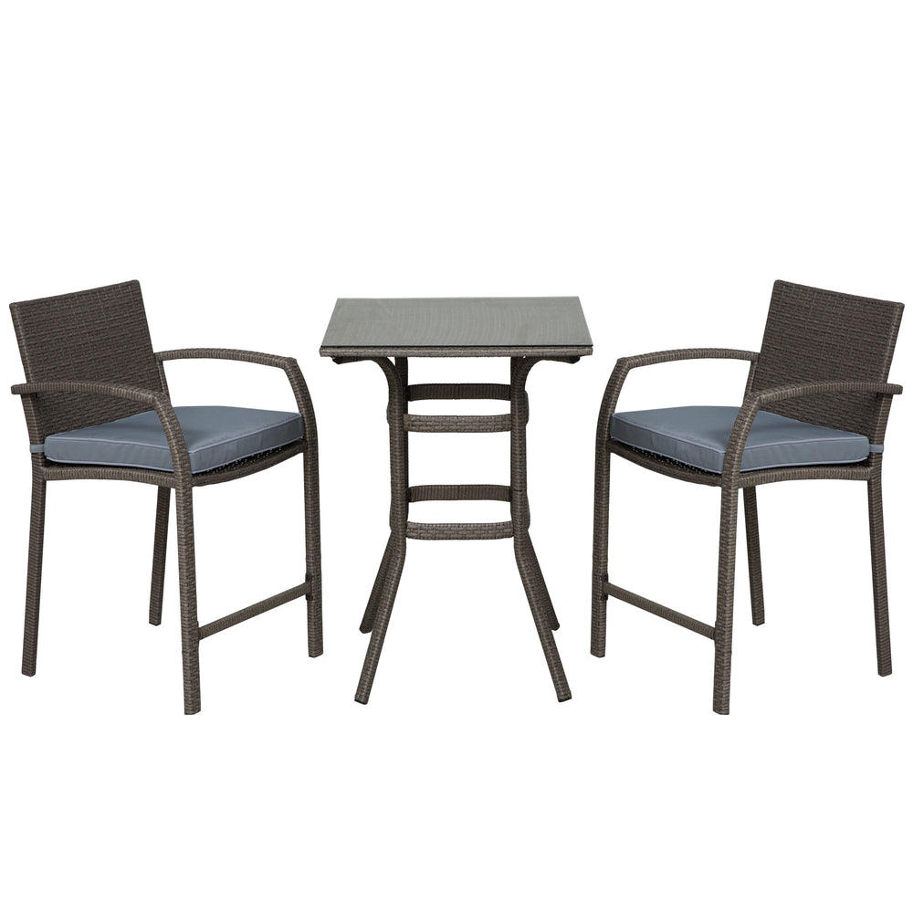 Ensemble de bar de jardin 3 pièces en rotin synthétique gris avec table et tabourets équipés de coussins d’assise