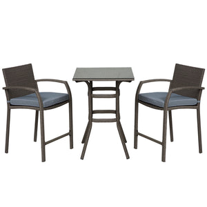 Ensemble de bar de jardin 3 pièces en osier, table et tabourets en rotin synthétique avec coussin d'assise, gris