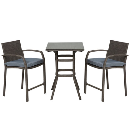 Outsunny 3 Pieces Patio Bar Set Wicker Garden Bistro Set Outdoor Furniture PE Rattan Table and Stools with Seat Cushion, Gray |
