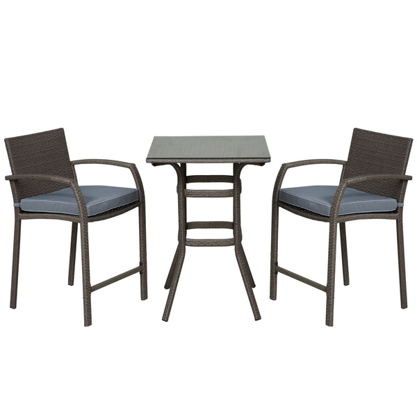 Ensemble de bar de jardin 3 pièces en osier, table et tabourets en rotin synthétique avec coussin d'assise, gris