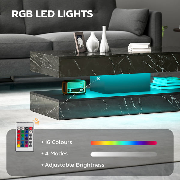 Coffee table with adjustable LED lighting, 2 drawers, open shelf, remote control, glossy black marble effect finish.