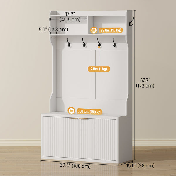 Porte-manteau 4 en 1 avec banc à chaussures intégré, étagère ouverte pour entrée, blanc
