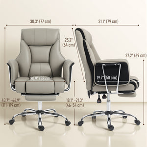 Upholstered reclining office chair with high back, faux leather upholstery, footrest, swivel casters, grey