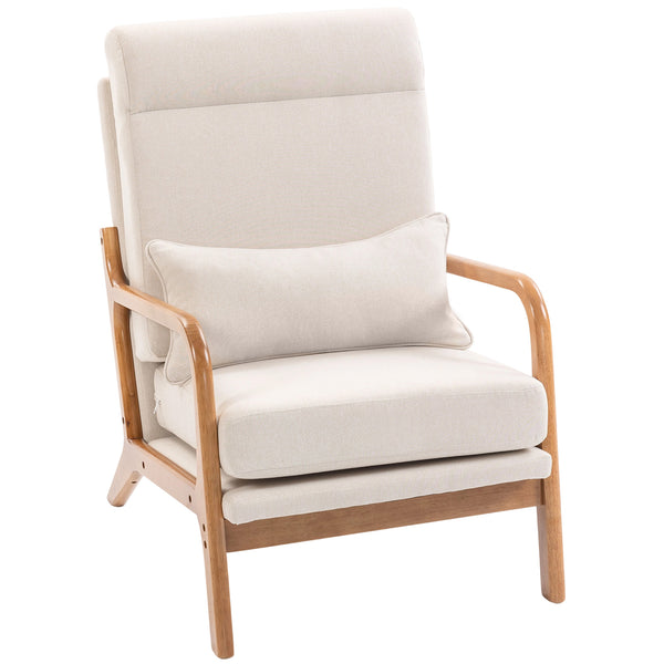 Fauteuil d'appoint moderne en lin avec coussin lombaire, dossier haut, assise large, coussin épais, structure en bois massif, blanc crème